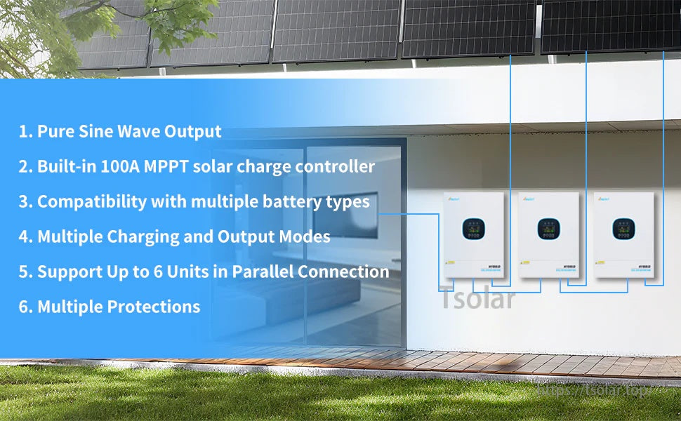 Key features list for Ampinvt 5000W 48V hybrid inverter charger with 100A MPPT and parallel up to 6