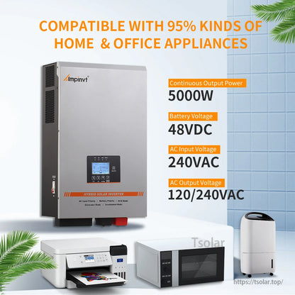 5000W 48VDC inverter compatibility graphic listing 240VAC input and 120/240VAC output for appliances