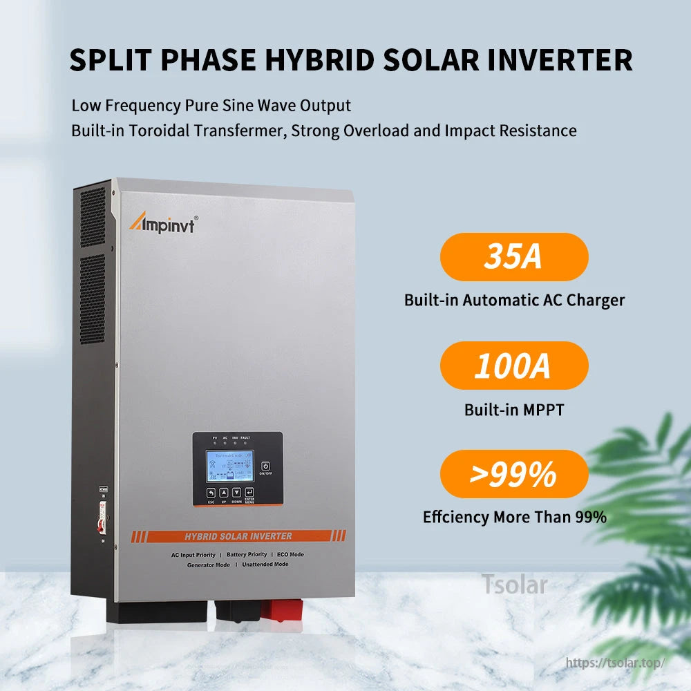 Split phase hybrid solar inverter feature graphic showing 35A AC charger and 100A MPPT ratings