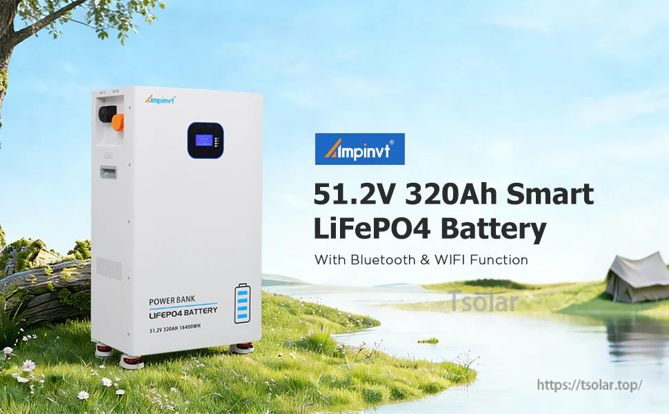 Ampinvt 51.2V 320Ah smart LiFePO4 power wall battery with Bluetooth & WiFi monitoring