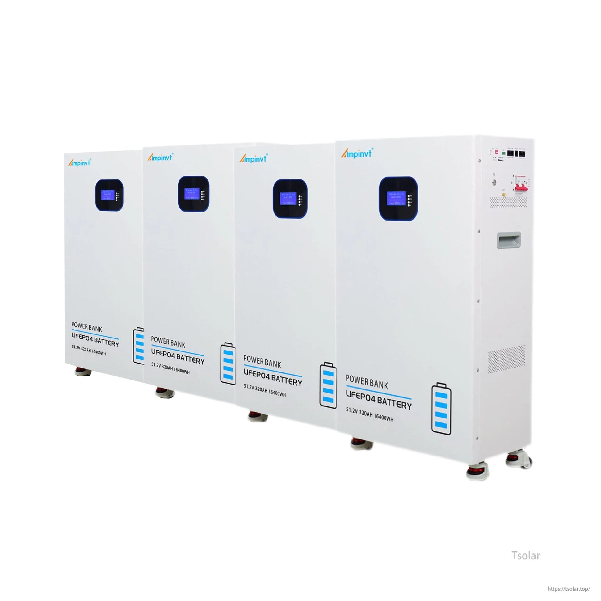 Row of four Ampinvt LiFePO4 power wall battery units on casters, front panels and screens visible