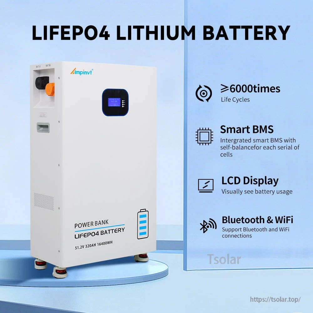 51.2V 320Ah LiFePO4 lithium battery feature graphic showing LCD display, smart BMS, Bluetooth & WiFi, 6000+ cycles