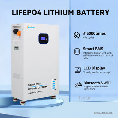 51.2V 320Ah LiFePO4 lithium battery feature graphic showing LCD display, smart BMS, Bluetooth & WiFi, 6000+ cycles