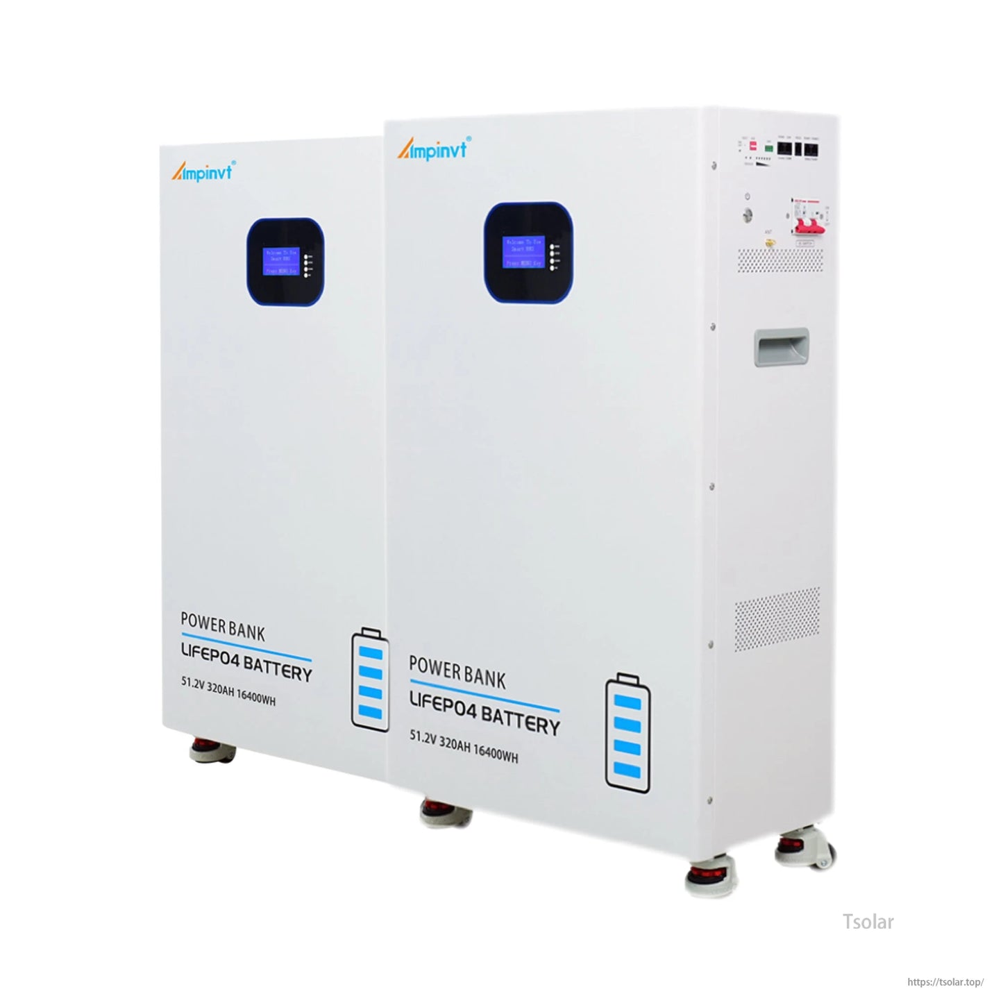 Multiple Ampinvt LiFePO4 power wall batteries lined up, showing front LCD screens and side control panel view