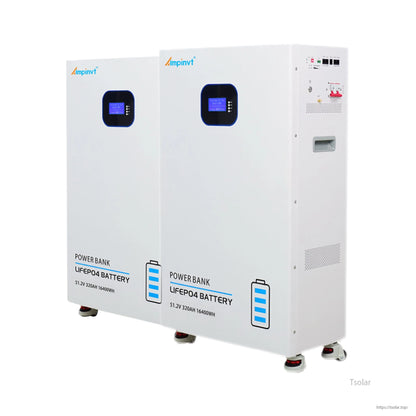 Multiple Ampinvt LiFePO4 power wall batteries lined up, showing front LCD screens and side control panel view