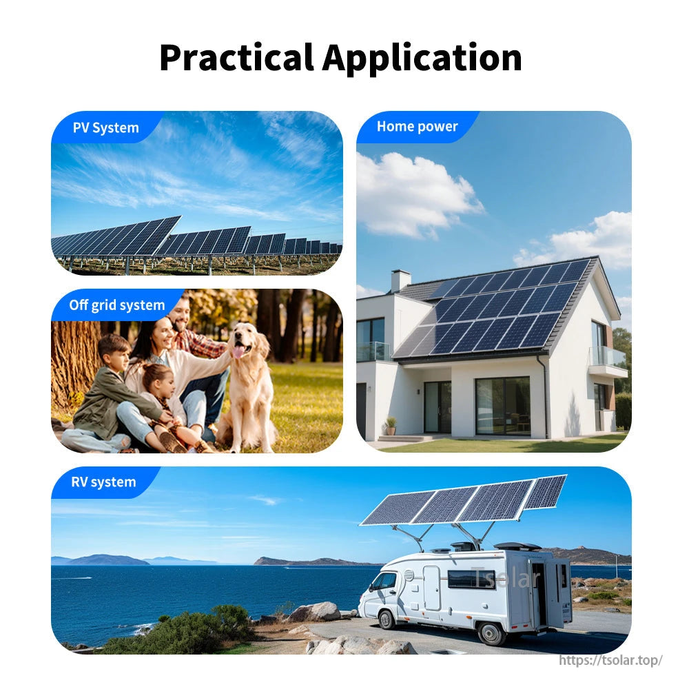 Practical application collage for energy storage: PV system, home power, off-grid system, and RV system