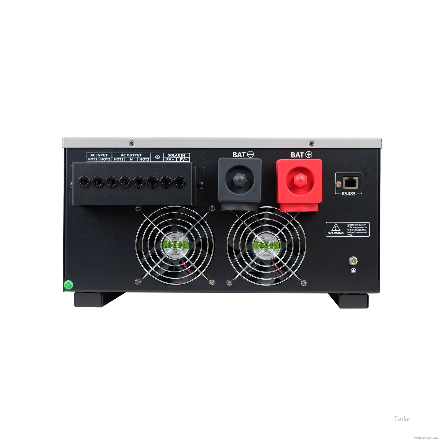 Close-up of rear connection panel: AC input/output and PV terminals, BAT+ BAT- posts, RS485 jack