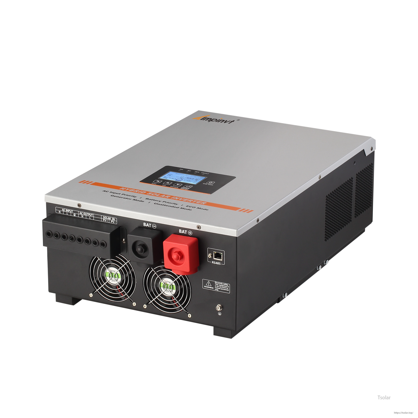 Rear view of Ampinvt 5KW 24VDC hybrid solar inverter showing AC/PV terminals, battery posts, fans, RS485 port