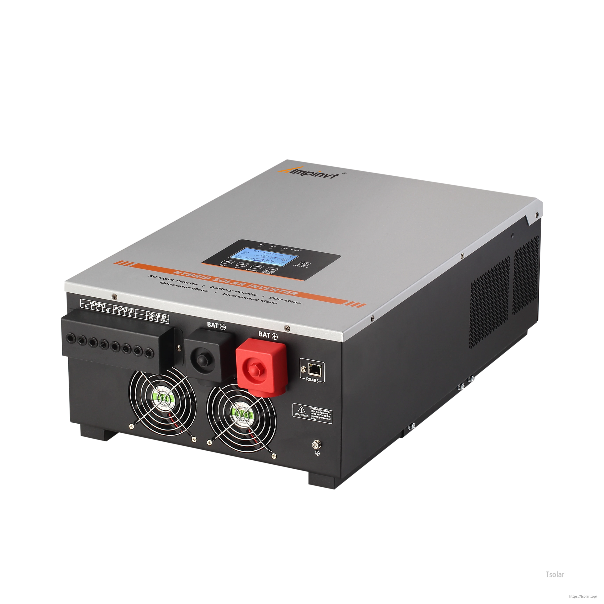 Rear view of Ampinvt 5KW 24VDC hybrid solar inverter showing AC/PV terminals, battery posts, fans, RS485 port