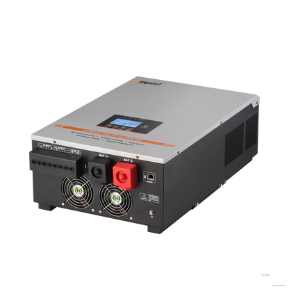 Rear view of Ampinvt 5KW 24VDC hybrid solar inverter showing AC/PV terminals, battery posts, fans, RS485 port