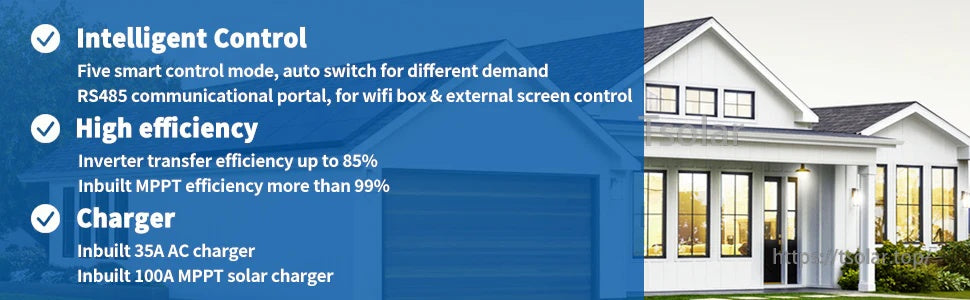 Ampinvt hybrid inverter feature overview listing intelligent control, RS485 communication, and up to 85% transfer efficiency