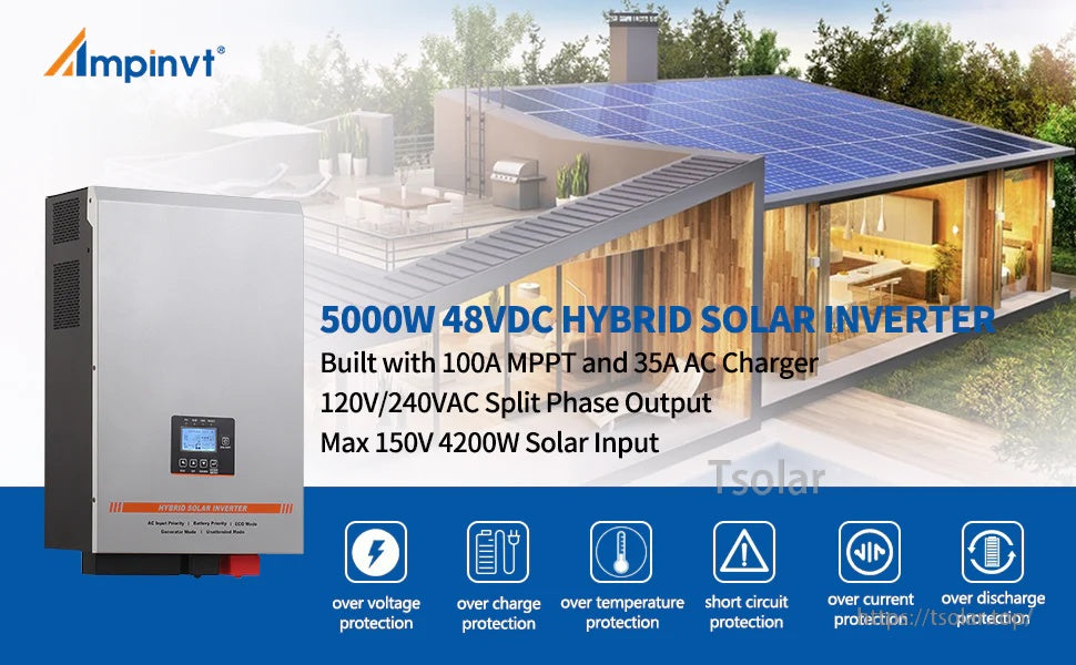 Ampinvt 5000W 48VDC split-phase pure sine wave solar inverter charger with 100A MPPT and 35A AC charger