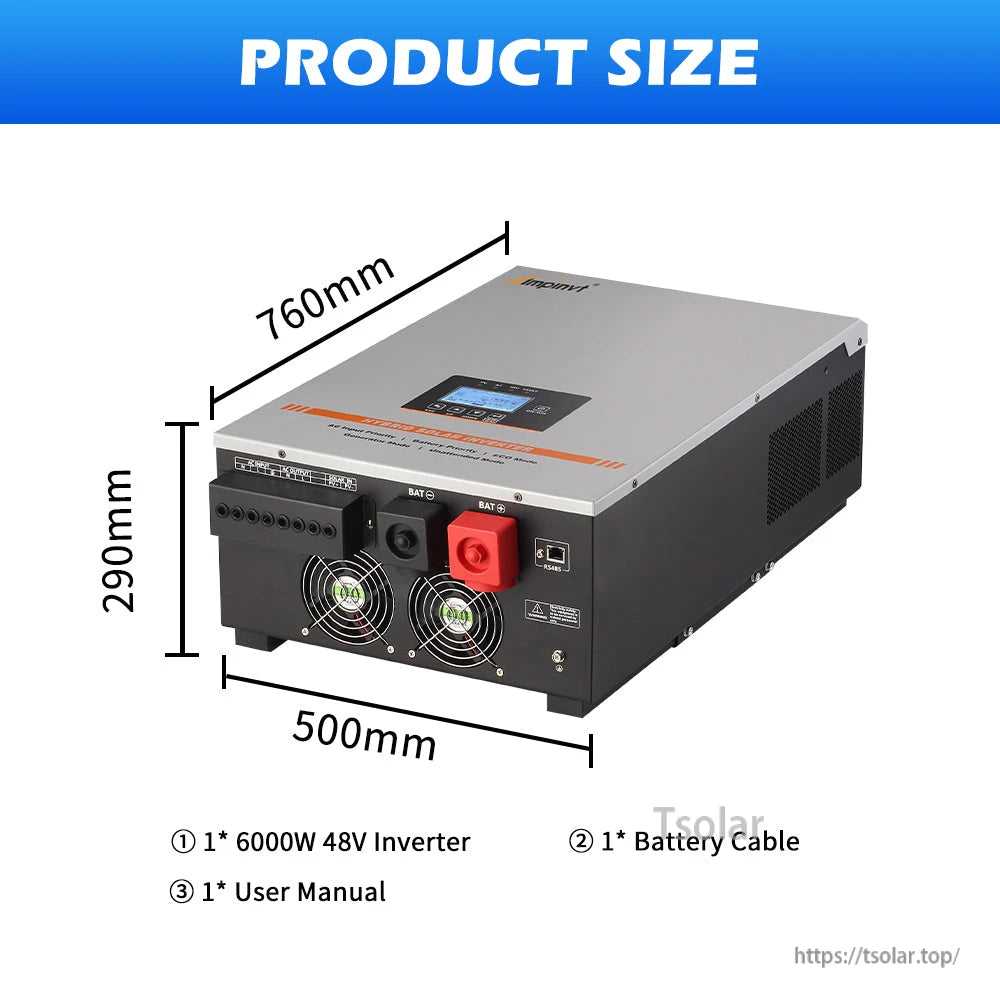 Product size and rear connection view showing 760×500×290 mm dimensions and included cable, manual