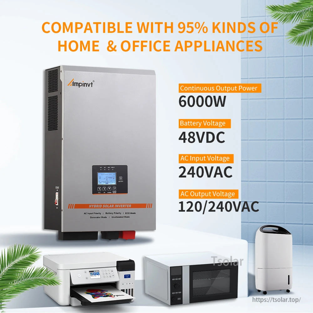 Ampinvt 6000W 48V split phase inverter specs graphic showing 240VAC input and 120/240VAC output