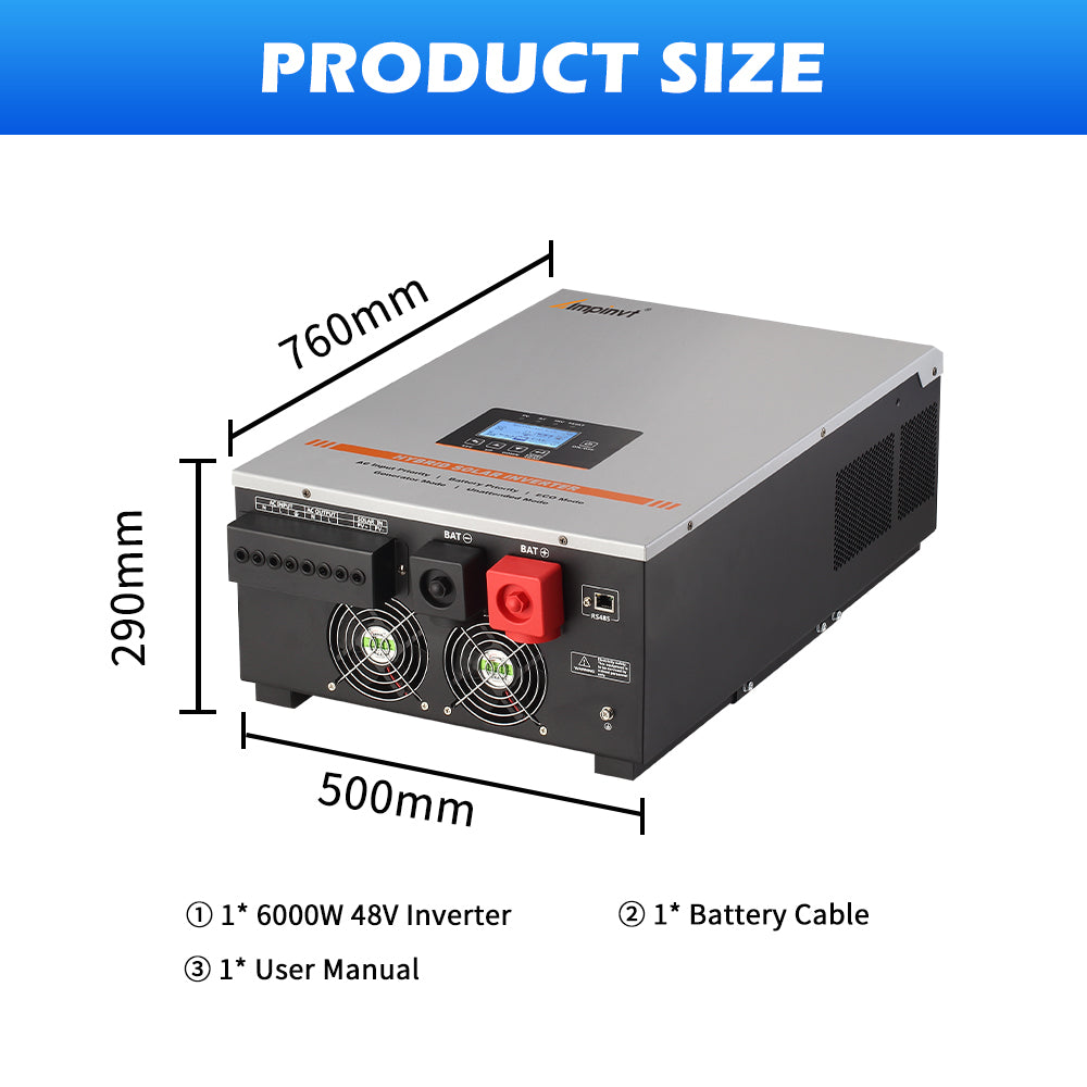 Ampinvt inverter dimensions 760×500×290mm and box contents: 6000W 48V inverter, battery cable, user manual
