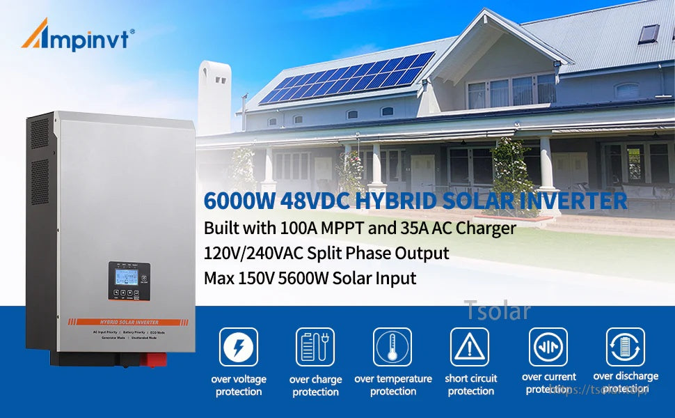 Ampinvt 6000W 48V hybrid/off-grid split-phase solar inverter charger with 100A MPPT and 35A AC charger
