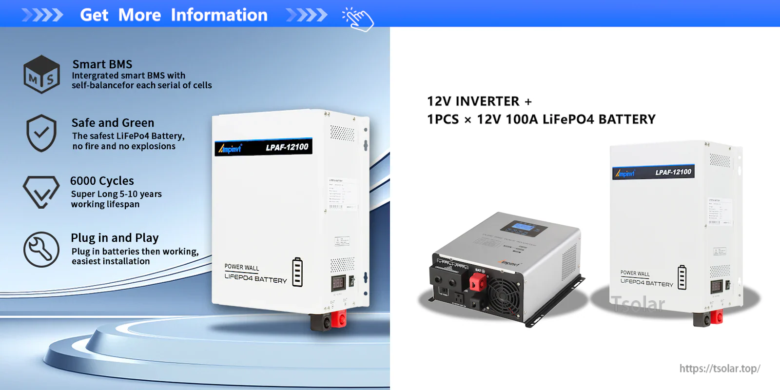 Example setup pairing a 12V inverter with a 12V LiFePO4 battery for off-grid battery backup power