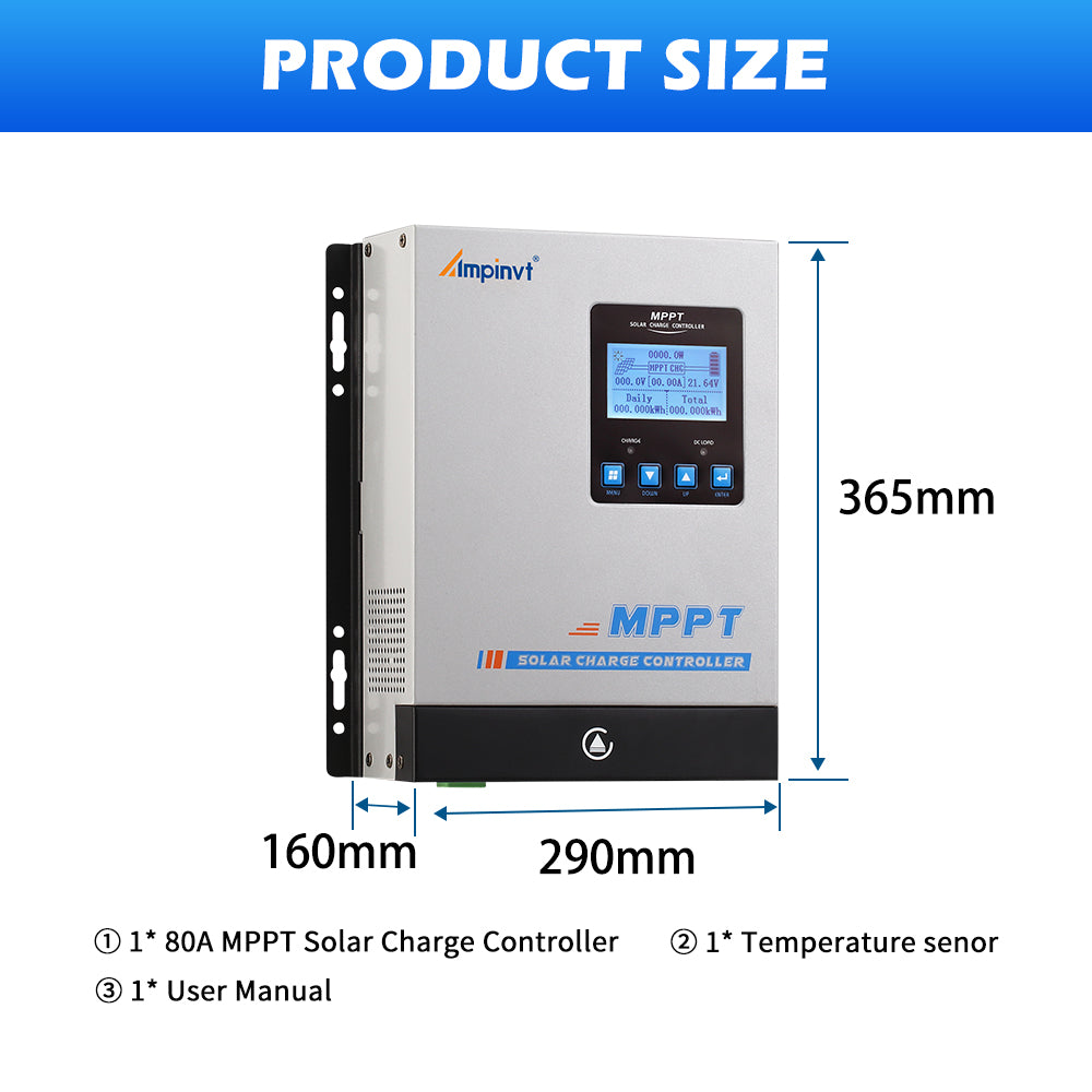 Ampinvt AP-Series 80A MPPT solar charge controller dimensions 365×290×160 mm, with temperature sensor and manual