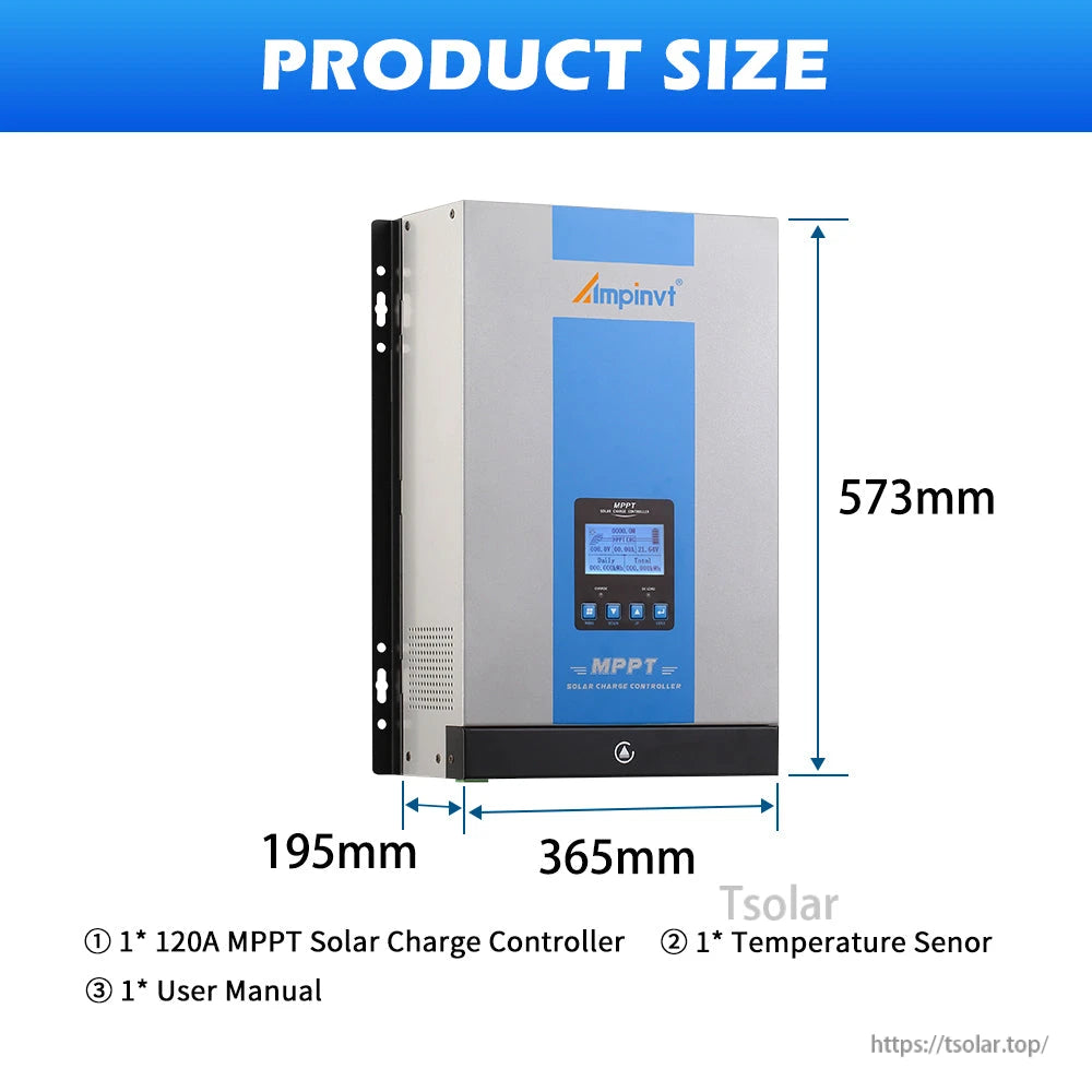 Product size chart for Ampinvt AP-Series MPPT controller showing 573mm height and 365mm width dimensions