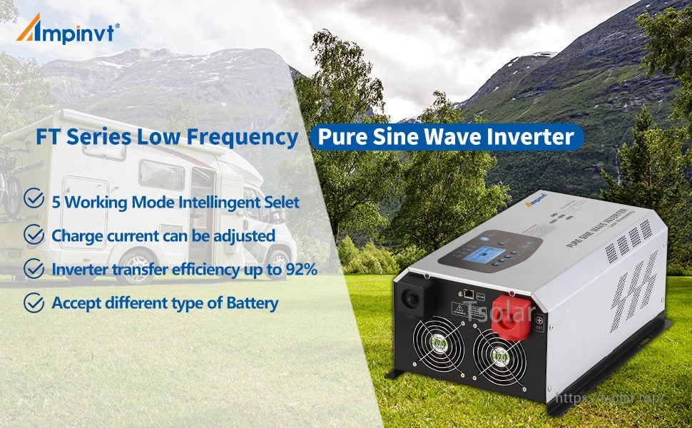 Ampinvt FT Series pure sine wave power inverter with LCD control panel, twin cooling fans, and battery terminals