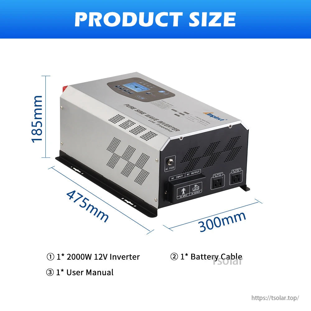 Product size diagram with dimensions 475 mm x 300 mm x 185 mm and included inverter, cable, manual