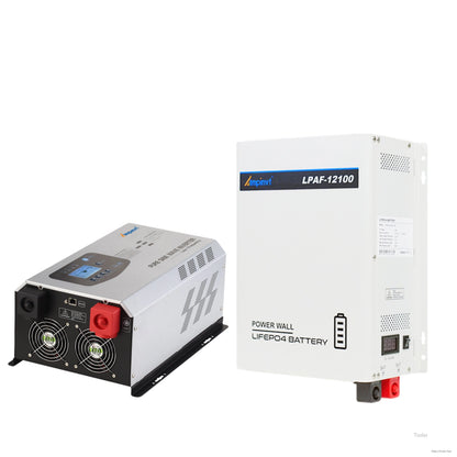 Rear panel of the inverter beside a Power Wall LiFePO4 battery with terminal connections visible