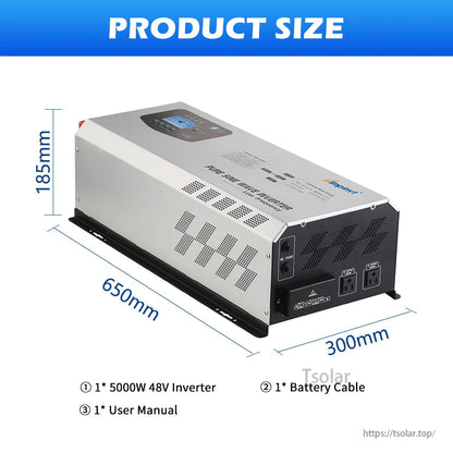 Product size diagram for Ampinvt inverter showing dimensions 650mm x 300mm x 185mm and included items list