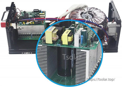 Close-up of inverter main power board showing capacitors, transformers, and dual aluminum heatsinks (circled detail)
