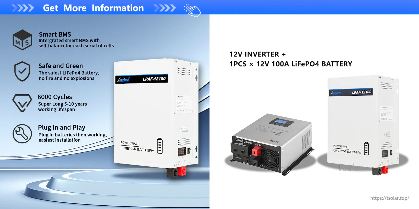 12V inverter paired with 12V 100Ah LiFePO4 battery example system for off-grid backup power