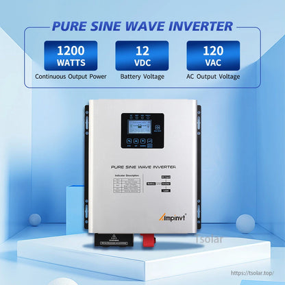 Pure sine wave inverter specs graphic: 1200W continuous, 12VDC battery input, 120VAC output