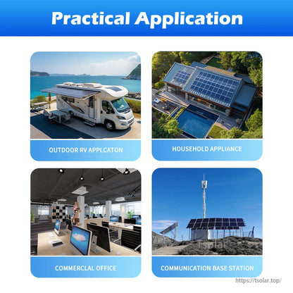 Ampinvt HTS-Series 1000W Off-Grid Solar Inverter, Practical application graphic for off-grid solar inverter, showing RV, home solar, office.