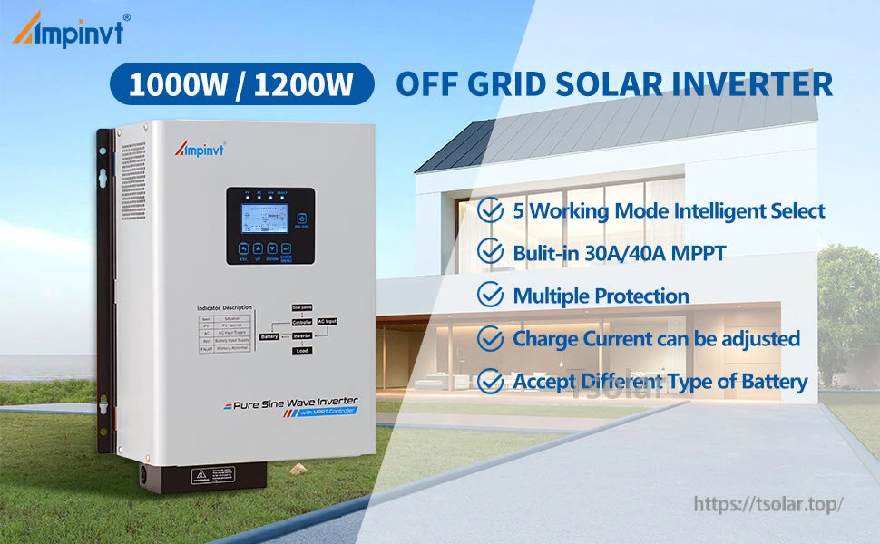 Ampinvt HTS-Series 1000W off-grid solar inverter front view with LCD, built-in MPPT and multiple working modes