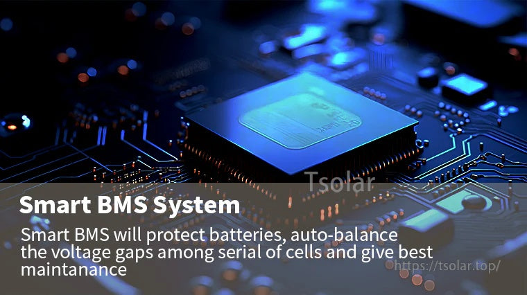 Smart BMS system graphic describing protection and automatic cell voltage balancing for LiFePO4 batteries