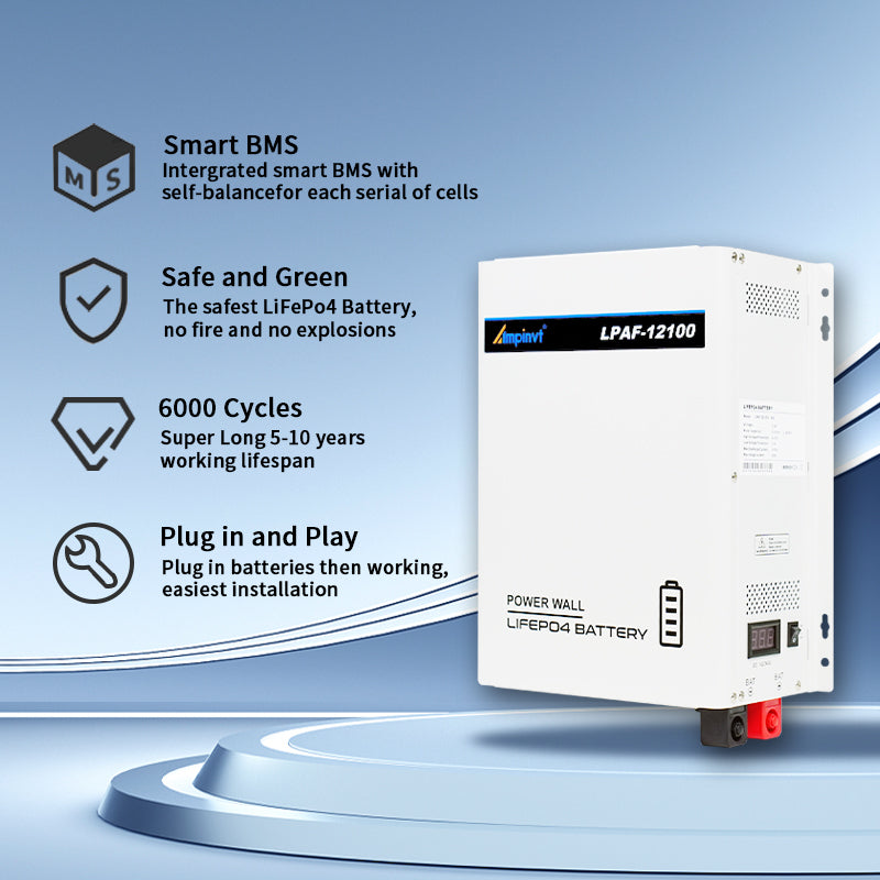 Ampinvt LP-AF12100 12V 100AH 1.2KWH Power Wall LiFePO4 Lithium Battery with BMS