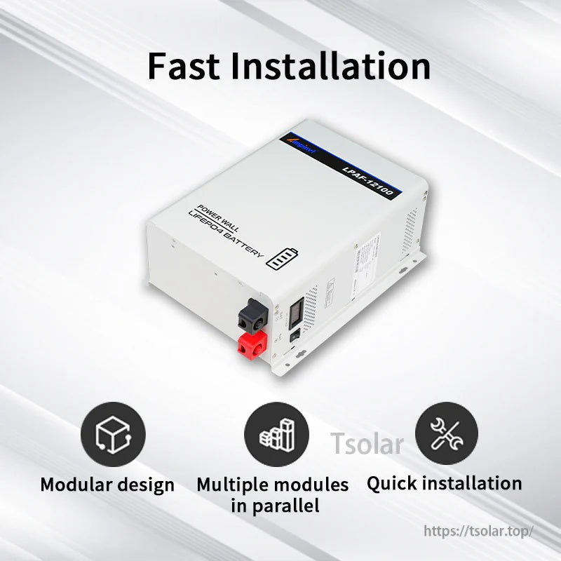 LiFePO4 power wall battery angled view highlighting modular design and parallel expansion for faster installation