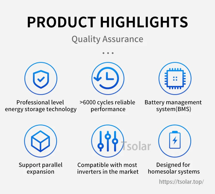 Product highlights icons: >6000 cycles, BMS, parallel expansion support, and inverter compatibility