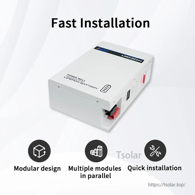 LPAF-24100 battery angled view highlighting modular design, parallel expansion, and quick installation ports