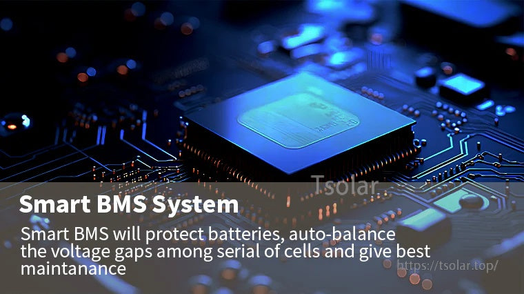 Smart BMS system graphic describing battery protection and automatic cell voltage balancing