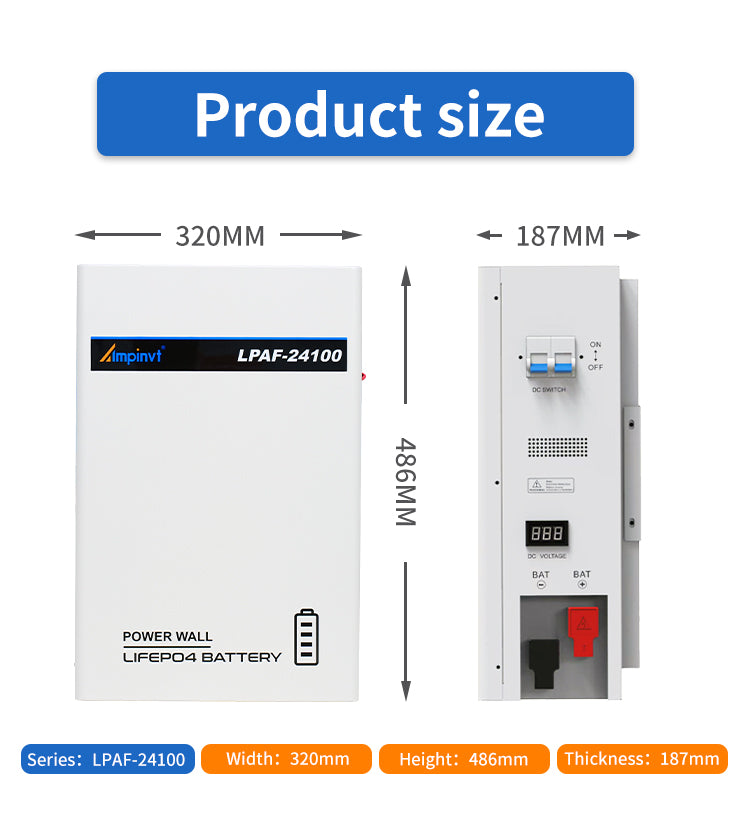 Ampinvt LPAF-24100 LiFePO4 power wall battery with side switches, voltage display, and 320×486×187mm size