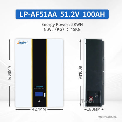 LP-AF51AA 51.2V 100Ah battery dimensions and weight chart: 600×427×180 mm, 5kWh, 45 kg
