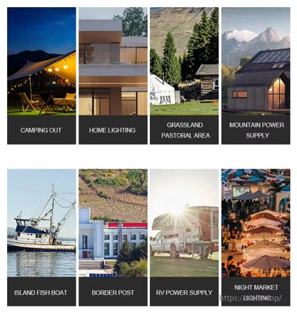 Use case collage for off-grid power: camping, home lighting, RV supply, fish boat, border post, night market