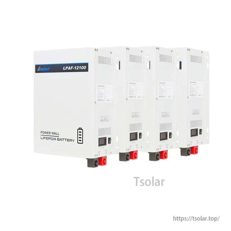 Four LPAF-12100 wall-mount batteries lined up, showing side labels and front panels in a row