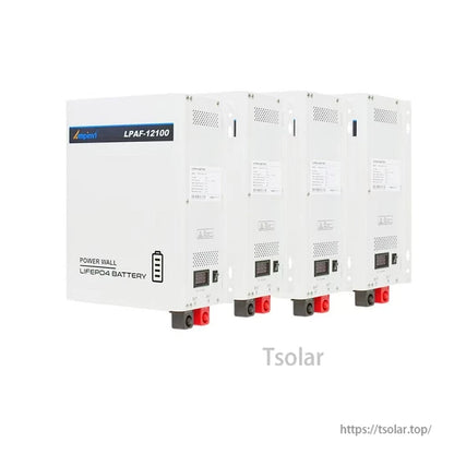 Four LPAF-12100 wall-mount batteries lined up, showing side labels and front panels in a row