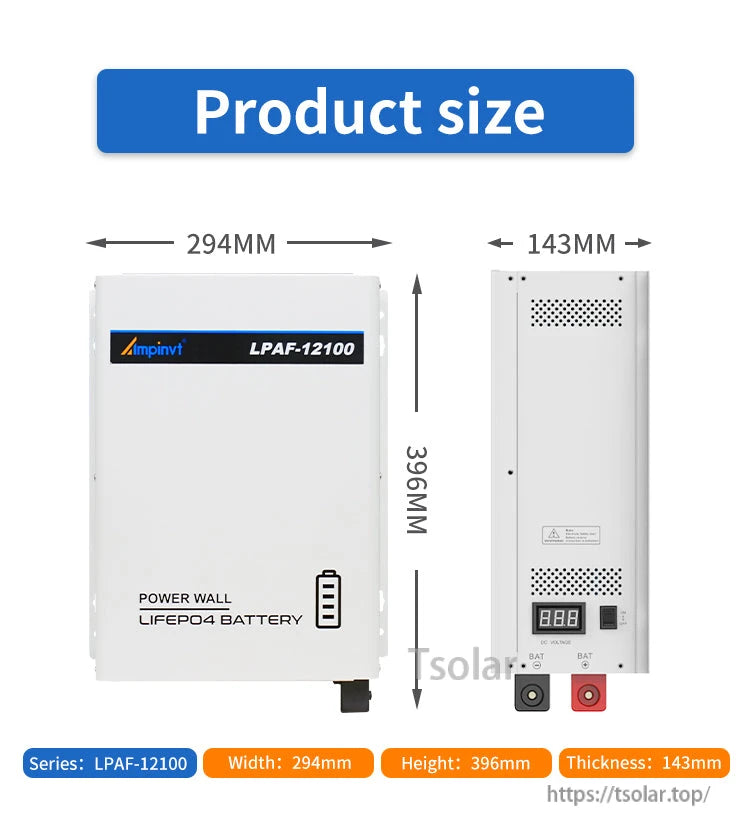 Product size chart for LPAF-12100 showing 294mm width, 396mm height, and 143mm thickness (front and side)
