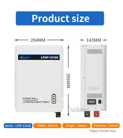 Product size chart for LPAF-12100 showing 294mm width, 396mm height, and 143mm thickness (front and side)