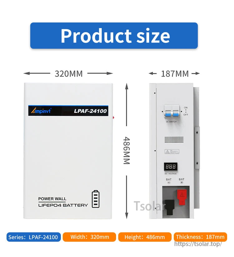 Product size diagram for LPAF-24100 showing 320mm width, 486mm height, and 187mm thickness