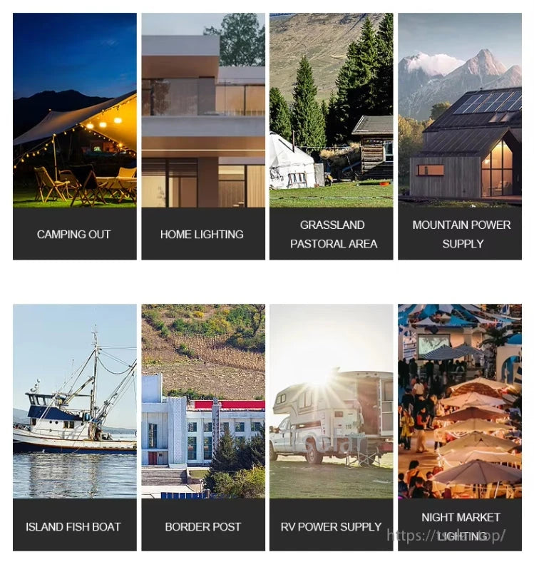Application scenarios collage: camping, home lighting, pastoral area, mountain cabin, boat, RV, night market