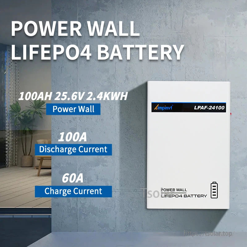 Wall-mounted Ampinvt LPAF-24100 LiFePO4 battery graphic showing 25.6V 2.4kWh and current ratings