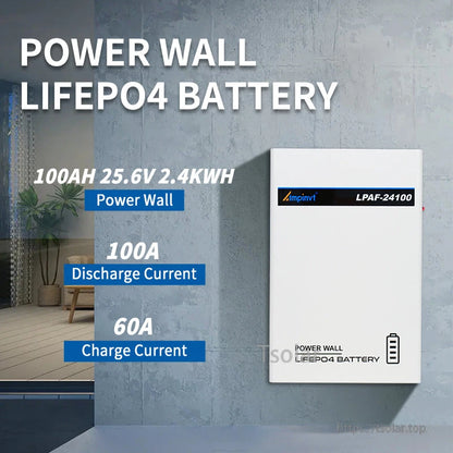 Wall-mounted Ampinvt LPAF-24100 LiFePO4 battery graphic showing 25.6V 2.4kWh and current ratings