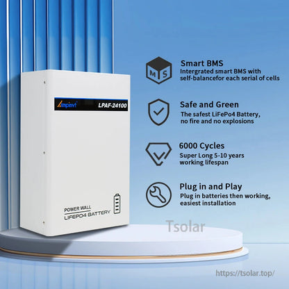 Smart BMS feature infographic for LPAF-24100 power wall LiFePO4 battery with icons and feature text